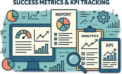 Poster - Success metrics and KPI tracking. Vector illustration of dashboards, reports, and analytics. Useful for managers, consultants, and data teams.