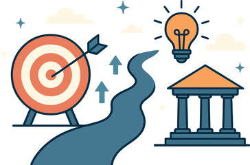 Poster - Creative goals and vision alignment. Vector illustration of target, success path, and mission building. Perfect for leadership and planning content.