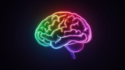 Poster - an imaginative rendition of the human brain rendered in vibrant neon colors against a stark black backdrop symbolizing thought and innovation related to intellect and ideas