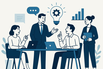Poster - Business team discussing project strategy. Vector illustration of office collaboration, teamwork, innovation, and communication. Ideal for corporate design and web use.