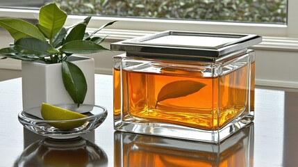 Poster - Lush green plant displayed elegantly in a clear glass vase on a wooden table with natural light