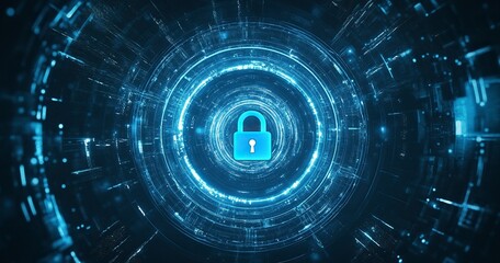 Poster - Abstract digital security background with a padlock symbol in the center, surrounded by blue circular patterns and glowing lines on a dark backdrop. Digital technology concept of data protection