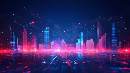Fototapete - Futuristic cityscape blending urban elements with digital data. Pink and blue structures mimic a data-driven skyline. Interconnected lines suggest data flow. Abstract wireframe in dark blue.