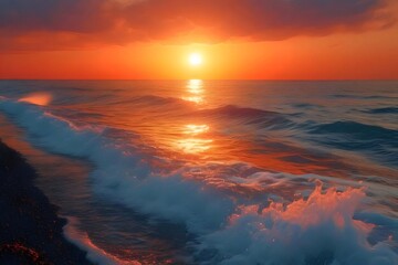 Poster - オレンジ色の夕日が海に沈む 水面の反射と波の輝き 夏の太陽が水平線に消える瞬間