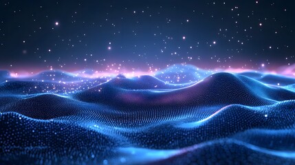 Aufkleber - A dreamy, abstract landscape of blue particles forms a rolling surface under a starry sky. Soft illumination and a pink horizon glow add depth. Abstract wireframe in dark blue.
