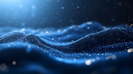 Poster - Ethereal blue abstract. Sparkling particles form a wave, like stardust in motion. Bokeh lights enhance depth and create a dreamy feel. Perfect for backgrounds! Abstract wireframe in dark blue