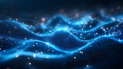 Leinwandbilder - A dynamic abstract design featuring flowing blue wave-like structures composed of dots, complemented by floating white and golden orbs against a dark blue background. Abstract wireframe in dark blue.