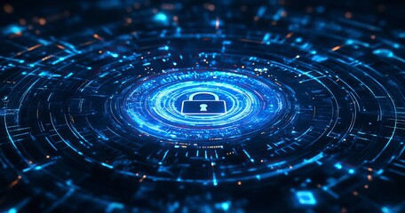 Poster - Abstract digital security background with a padlock symbol in the center, surrounded by blue circular patterns and glowing lines on a dark backdrop. Digital technology concept of data protection