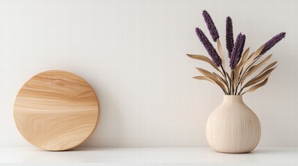 Poster - An elegant vase and a handcrafted wooden plate displayed together on a soft textured surface