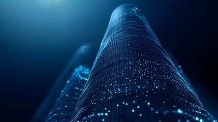 Fototapete - Futuristic cityscape featuring abstract, illuminated skyscrapers rendered as digital wireframes. A low-angle perspective enhances their height and ethereal presence. Abstract wireframe in dark blue