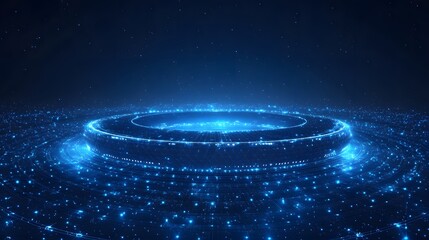 Aufkleber - A captivating abstract image featuring a glowing blue ring of squares atop concentric bands, set against a star-studded dark blue backdrop. Abstract wireframe in dark blue.