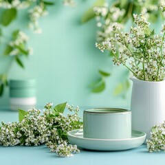 Poster - Charming cup and saucer decorated with colorful flowers set against a beautiful background