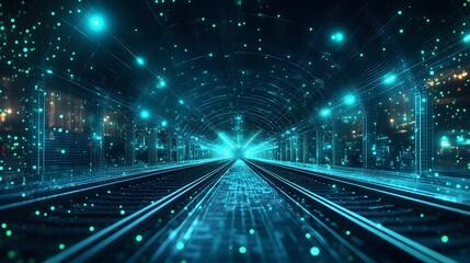 Fototapete - Futuristic neon tunnel with receding railway tracks converging on a bright light. Virtual cityscapes adorn the sides, creating a virtual reality. Abstract wireframe in dark blue