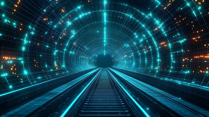 Poster - Futuristic subway tunnel illuminated by neon lights, showcasing advanced transportation technology. Glowing blue gridlines enhance depth, creating a high-tech feel. Abstract wireframe in dark blue.