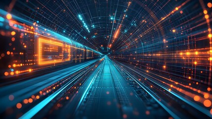 Aufkleber - Futuristic train speeding through a glowing tunnel with orange and blue lights. Motion blur emphasizes speed. A dynamic scene perfect for tech and innovation visuals. Abstract wireframe in dark blue