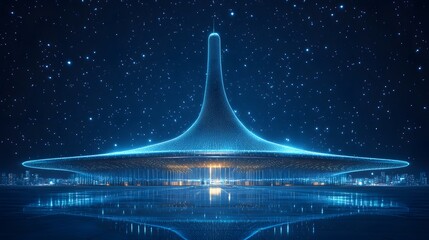 Poster - Futuristic structure glows amidst a starry cityscape, reflected in a sleek foreground. Blue hues create an ethereal, modern scene. Abstract wireframe in dark blue.