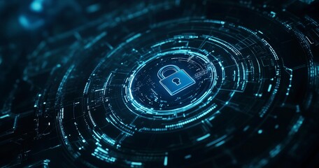 Poster - Abstract futuristic background with a digital padlock symbol in a blue circle on a dark background, representing the concept of security and data protection for online presence or business technology 