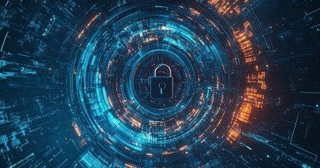 Poster - Abstract digital security background with a padlock symbol and a blue circular pattern, a vector illustration of a data protection technology concept. A large lock in the center on a dark, abstract, 