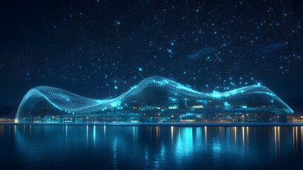 Poster - Modern, illuminated glass building complex reflecting in water under a night sky. A glowing wave of light blue dots hovers above. Shimmering reflections create depth. Abstract wireframe in dark blue