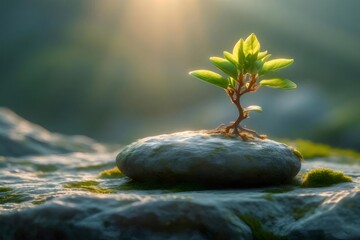 Poster - 石の上に育つ小さな芽 太陽光を浴びた明るい緑の葉 柔らかい背景 自然の生命力と成長の象徴