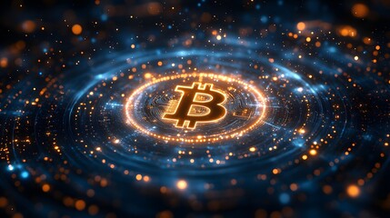 Leinwandbilder - A glowing Bitcoin symbol radiates energy against a deep blue backdrop, surrounded by a bokeh of orange and blue lights. Ideal for finance and tech visuals. Abstract wireframe in dark blue.
