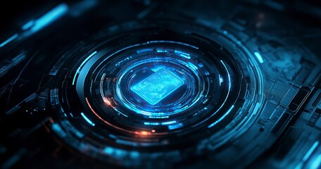 Poster - Abstract futuristic background with a digital padlock symbol in a blue circle on a dark background, representing the concept of security and data protection for online presence or business technology 