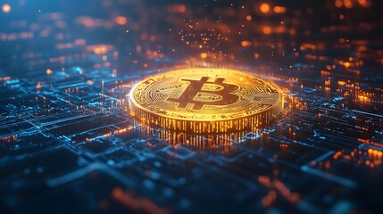 Leinwandbilder - A striking gold Bitcoin coin displayed on a digital circuit board landscape, illuminated by bokeh lights, symbolizes cryptocurrency's digital presence. Abstract wireframe in dark blue