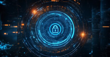 Poster - Abstract futuristic background with a digital padlock symbol in a blue circle on a dark background, representing the concept of security and data protection for online presence or business technology 