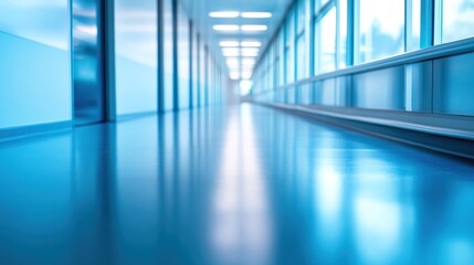Poster - a seemingly endless ultramarine hued passage with diffused light filtering through adjacent windows conveying a sense of cleanliness and futuristic design aesthetics