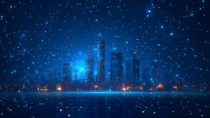 Aufkleber - Futuristic cityscape at night with a digital grid foreground and illuminated skyscrapers. A cool, blue technological atmosphere is created. Abstract wireframe in dark blue.