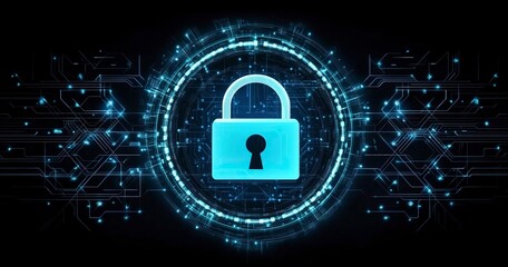 Poster - Abstract futuristic background with a digital padlock symbol in a blue circle on a dark background, representing the concept of security and data protection for online presence or business technology 