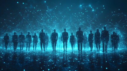 Fototapete - Silhouetted figures connected by a blue digital network stand on a virtual surface. A complex web links them, creating a futuristic and technological atmosphere. Abstract wireframe in dark blue