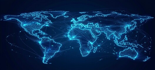 Poster - Abstract global network and connectivity concept with a blue world map, data transfer across the Earth, technology background vector illustration design for a banner, poster, or presentation. Vector 