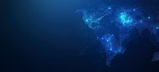 Poster - Abstract global network and connectivity concept with a blue world map, data transfer across the Earth, technology background vector illustration design for a banner, poster, or presentation. Vector 