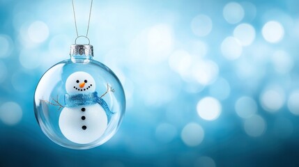 Poster - festive sphere ornament featuring a miniature snowman with a blue scarf against a soft blue backdrop of twinkling lights creates a magical holiday atmosphere conveying winter cheer