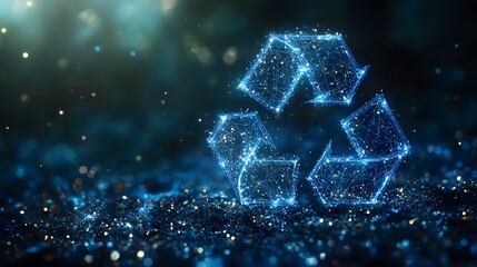 Poster - Abstract vector blue low-poly technology background with arrow and recycling symbol for eco, ecology concept on a dark blue background. Absolutely creative idea, eco-friendly design. Vector illustrati