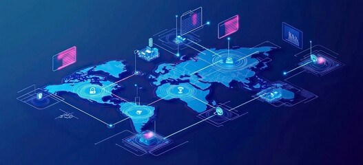 Poster - Abstract global network and connectivity concept with a blue world map, data transfer across the Earth, technology background vector illustration design for a banner, poster, or presentation. Vector 