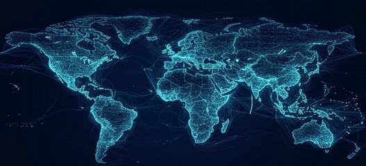 Poster - Abstract global network and connectivity concept with a blue world map, data transfer across the Earth, technology background vector illustration design for a banner, poster, or presentation. Vector 