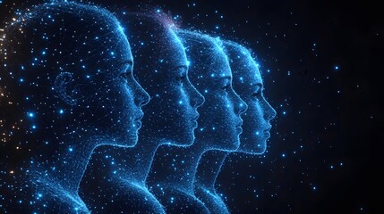 Fototapete - Futuristic display featuring interconnected women's profiles, glowing in blue. Represents AI, digital identities and connected minds. Abstract wireframe in dark blue.
