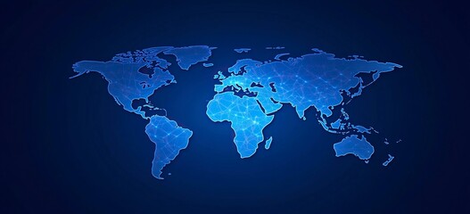 Poster - Abstract global network and connectivity concept with a blue world map, data transfer across the Earth, technology background vector illustration design for a banner, poster, or presentation. Vector 