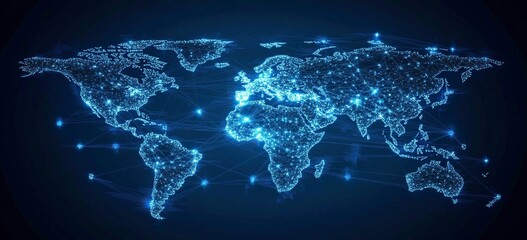 Poster - Abstract global network and connectivity concept with a blue world map, data transfer across the Earth, technology background vector illustration design for a banner, poster, or presentation. Vector 