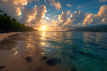 Poster - 夕焼け時のビーチと海の風景 太陽の光が輝く空と雲 穏やかな波が寄せる砂浜 自然の美しさ