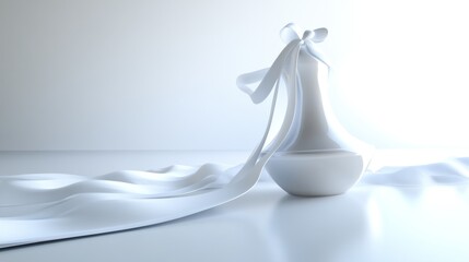 Poster - elegant white ceramic vase adorned with a delicate ribbon, gracefully displayed on a pristine, undulating fabric, bathed in soft, ethereal light creating a serene and sophisticated ambiance
