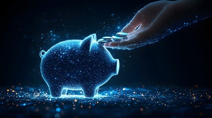 Leinwandbilder - Digital savings visualized. A futuristic, networked piggy bank receives coins from a hand made of light. Secure your future with innovative finance solutions. Abstract wireframe in dark blue.