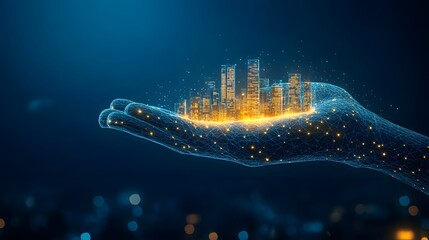 Poster - A captivating digital art piece showcasing a blue, luminous hand cradling a golden city. Bokeh lights add depth to the dark blue gradient background. Abstract wireframe in dark blue.