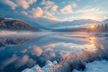 Poster - 冬の湖と雪山 夕焼けの空に映える光と水面の反射による幻想的な風景
