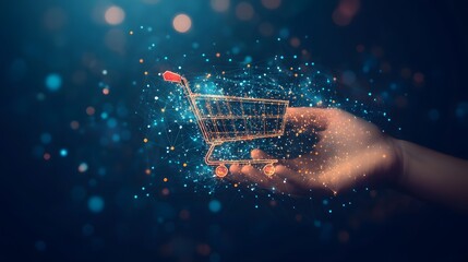 Leinwandbilder - A hand presents a wireframe shopping cart amidst a network of connected dots, symbolizing e-commerce and digital connectivity. Bokeh lights add a dreamy touch. Abstract wireframe in dark blue.