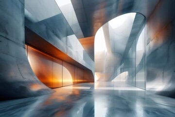 Aufkleber - 近未来的な建築デザイン 青とオレンジの光が差し込む抽象的な空間 幾何学的な形状と滑らかな表面の質感 都会的でモダンなインテリアデザイン