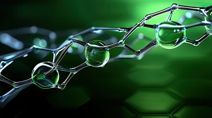 Wall Mural - abstract molecular structure: a 3d rendering of green spheres connected by glass-like bonds, evoking