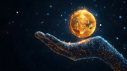 Leinwandbilder - Golden Bitcoin hovers above a digital hand, showcasing futuristic finance. Interconnected lines and points form the hand against a star-speckled backdrop. Abstract wireframe in dark blue